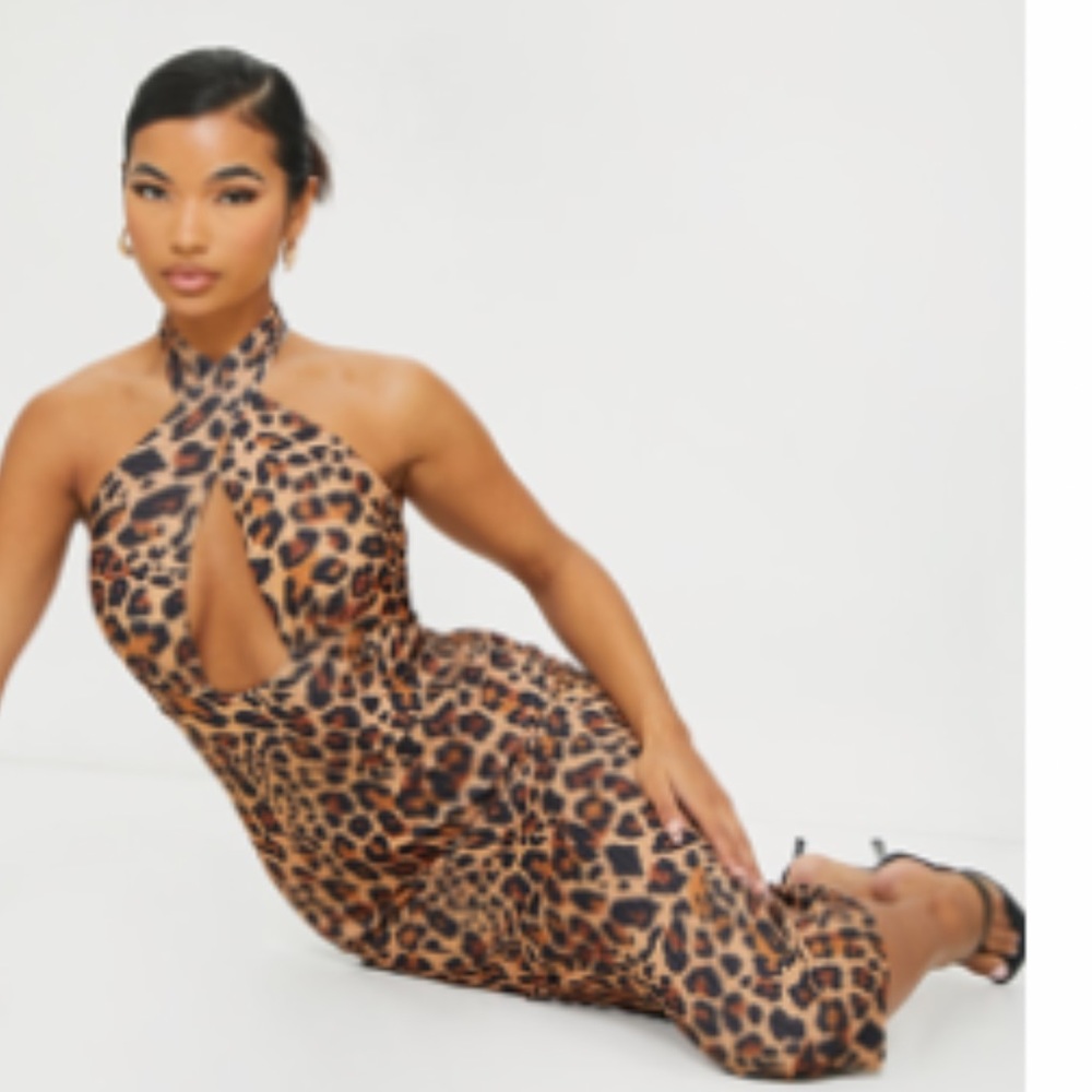 Tan leopard print ribbed halterneck midi dress